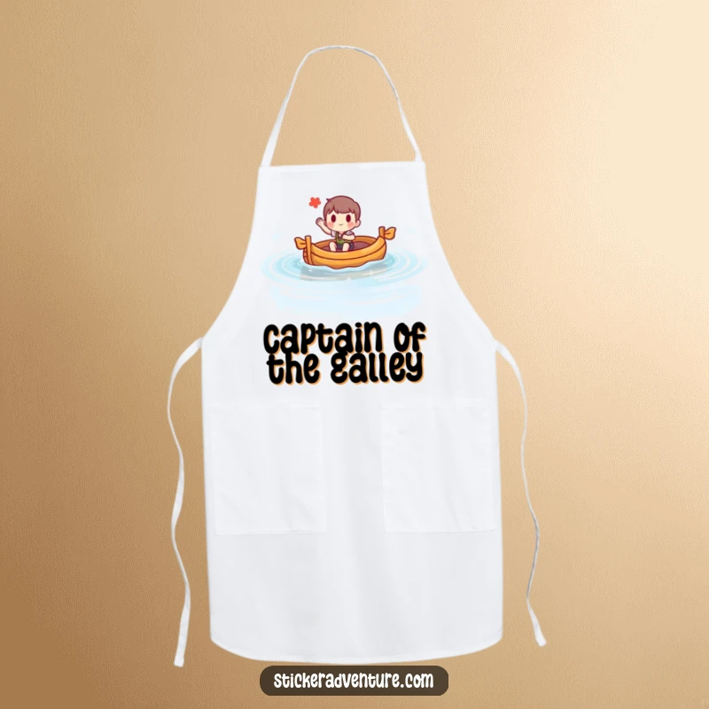 Funny apron with a character steering a raft on a lake, waving enthusiastically while cooking. Humorous kitchen essential.