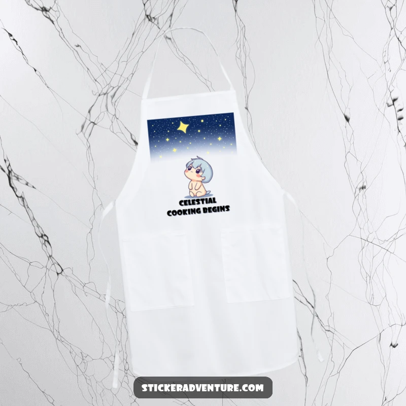 Funny apron with a character looking up at a starry night sky, perfect for adding celestial humor to cooking.