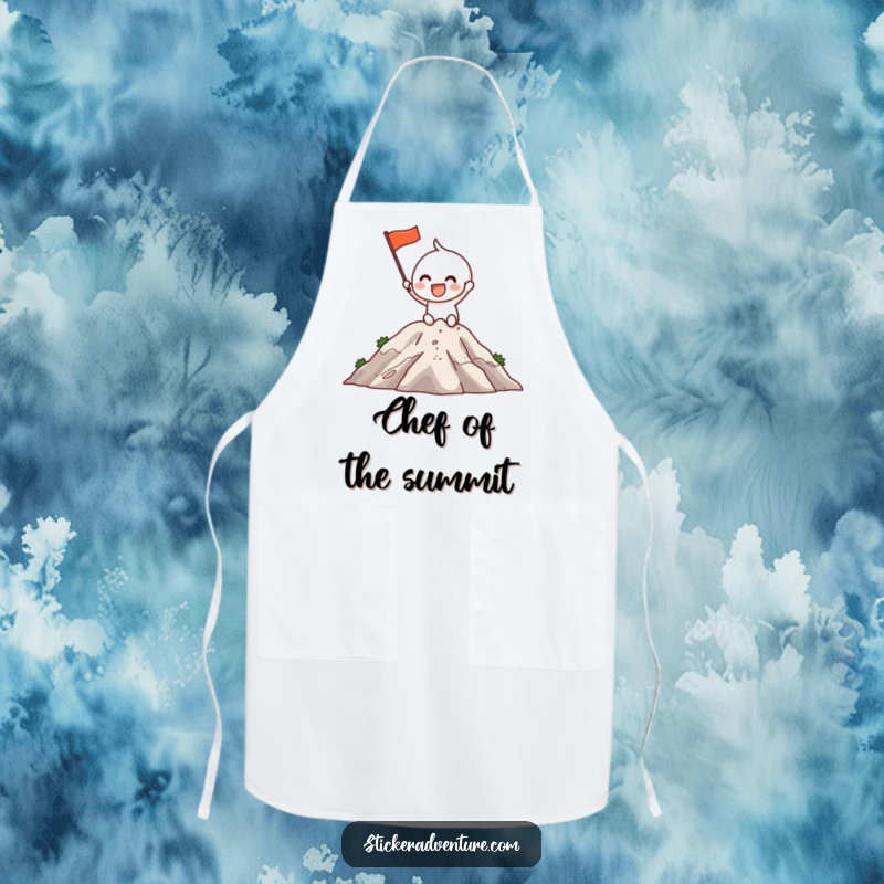 Funny Apron: An excited character grins while planting a flag on a mountaintop, adding humor to cooking.