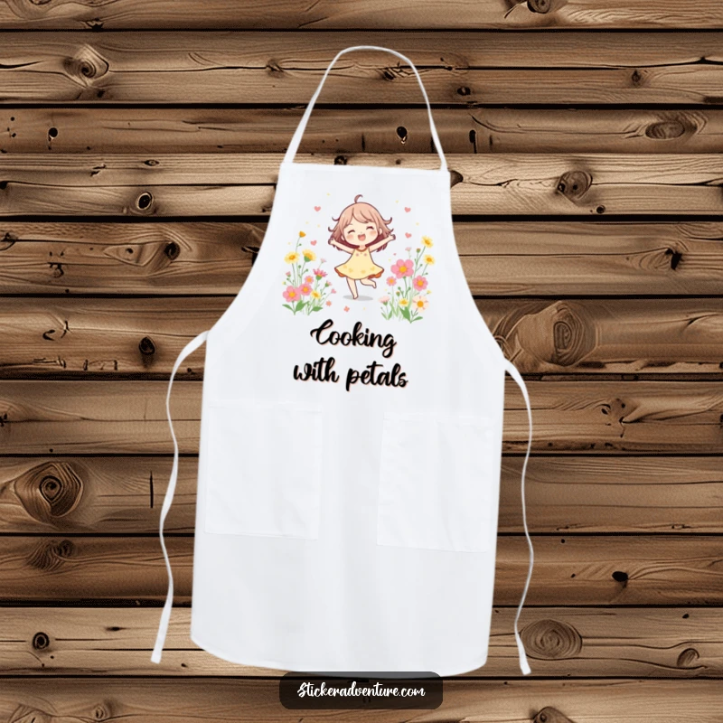 Funny Apron showcasing a cheerful character dancing joyfully amidst blooming wildflowers, perfect for a happy cook.