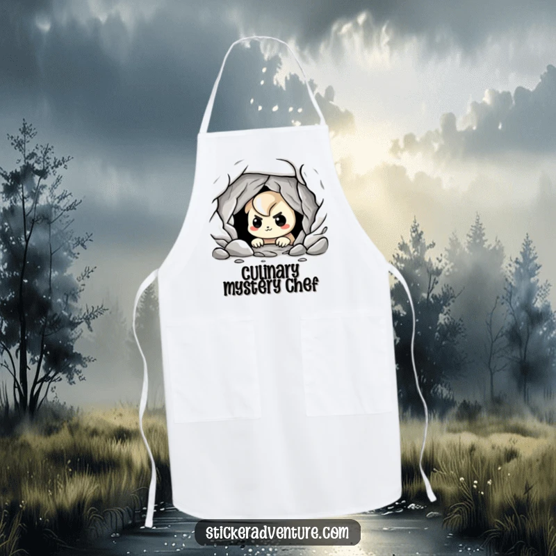 Funny cave explorer apron, featuring a playful character peering into a dark cave with a nervous grin, for kitchen exploration.