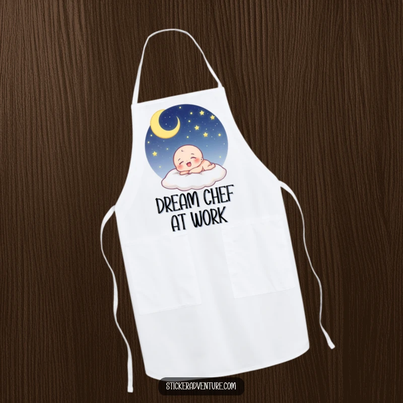 Funny being apron: a tiny, cute character laughs while sleeping under a starry sky, a charming kitchen accessory.