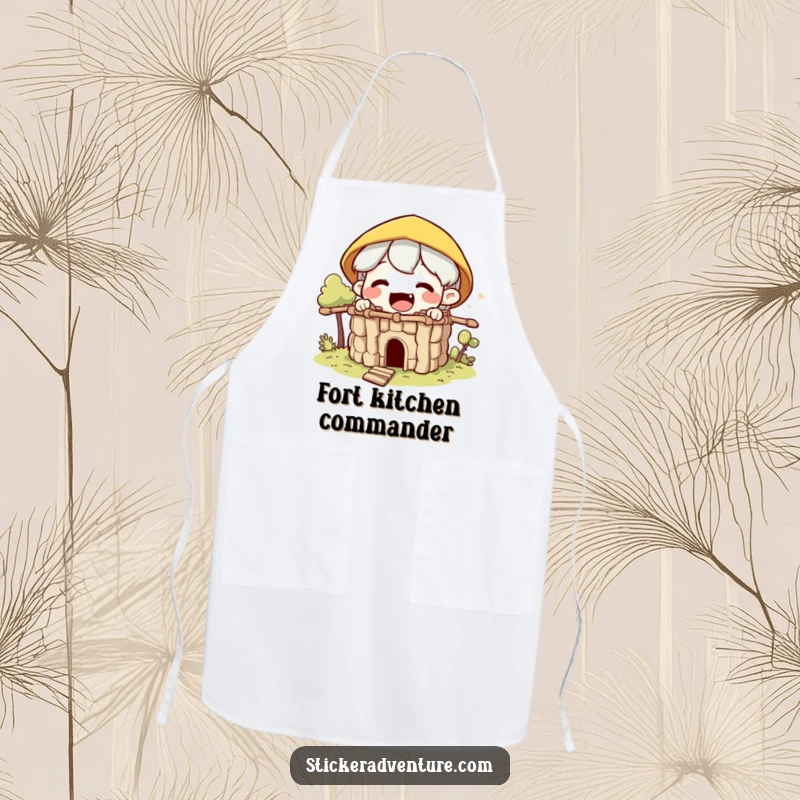 Funny builder character apron, featuring an excited character building a small fort from sticks, perfect for crafting.