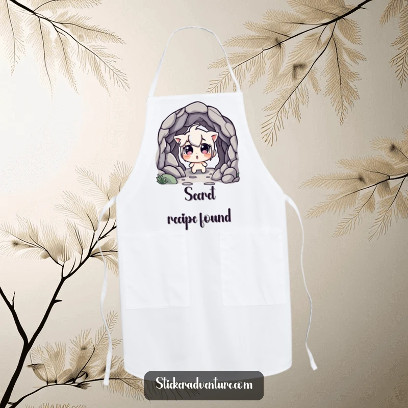 Funny Apron: Character discovering a hidden cave entrance with wide, surprised eyes, adding humorous surprise to cooking tasks.
