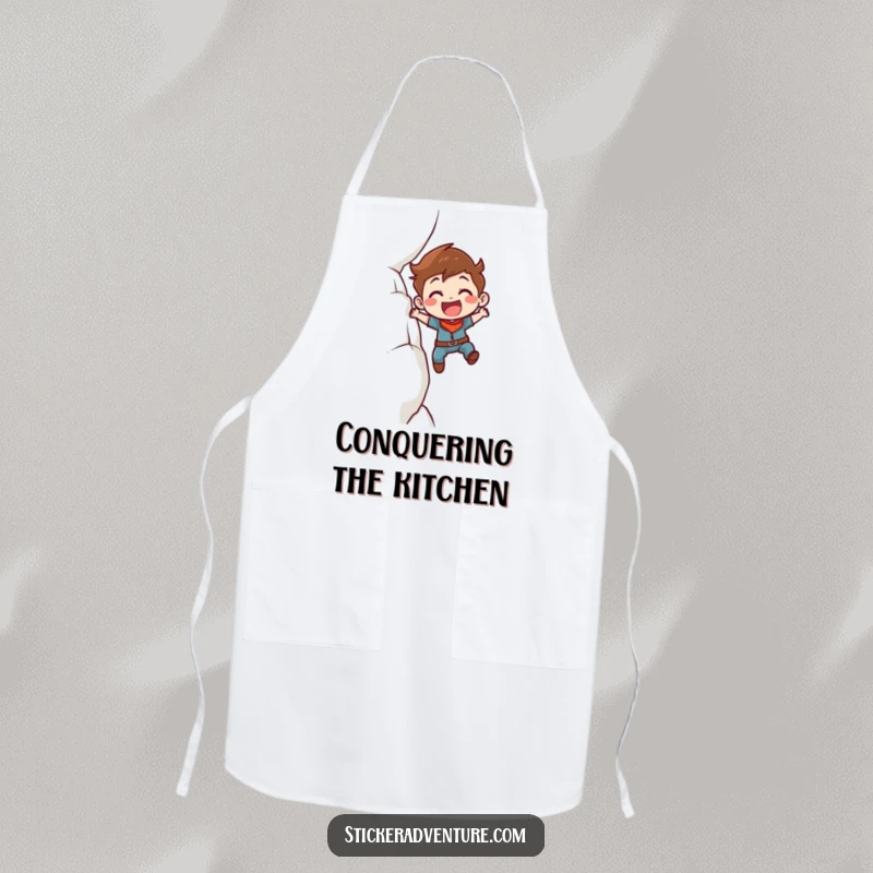 Funny Apron: A determined character smiling while scaling a cliff face, suitable for kitchen adventures.