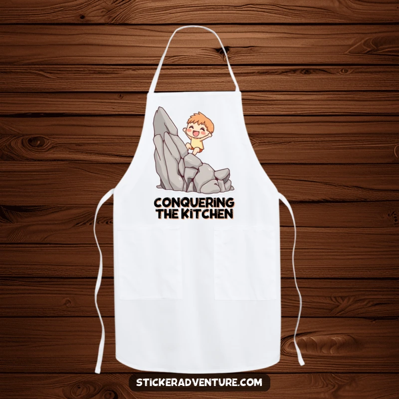 Funny apron with a cute character joyfully scaling a small rocky cliff, adding humor to kitchen duties.
