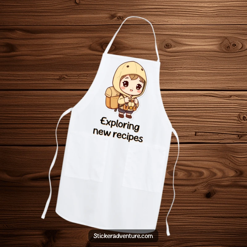 Funny exploration apron, a character with a backpack ready to explore, perfect for kitchen adventures.