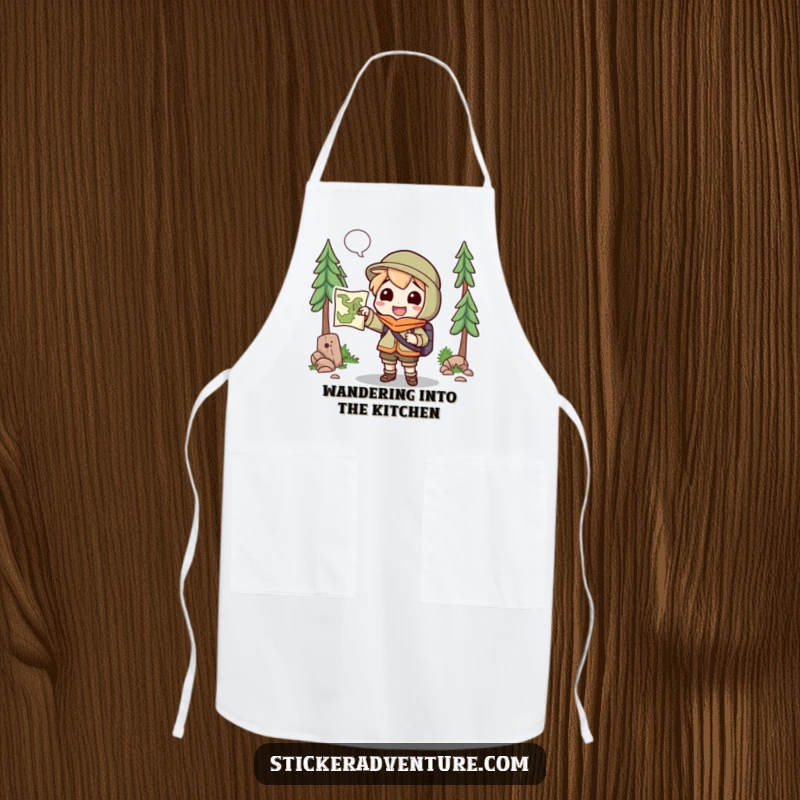 Funny Apron: A cheerful character holds a map, pointing to an unknown trail, adding humor to cooking.