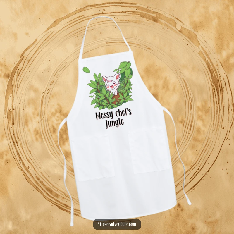 Funny apron with a character excitedly navigating dense foliage with a smile, bringing humor to cooking.