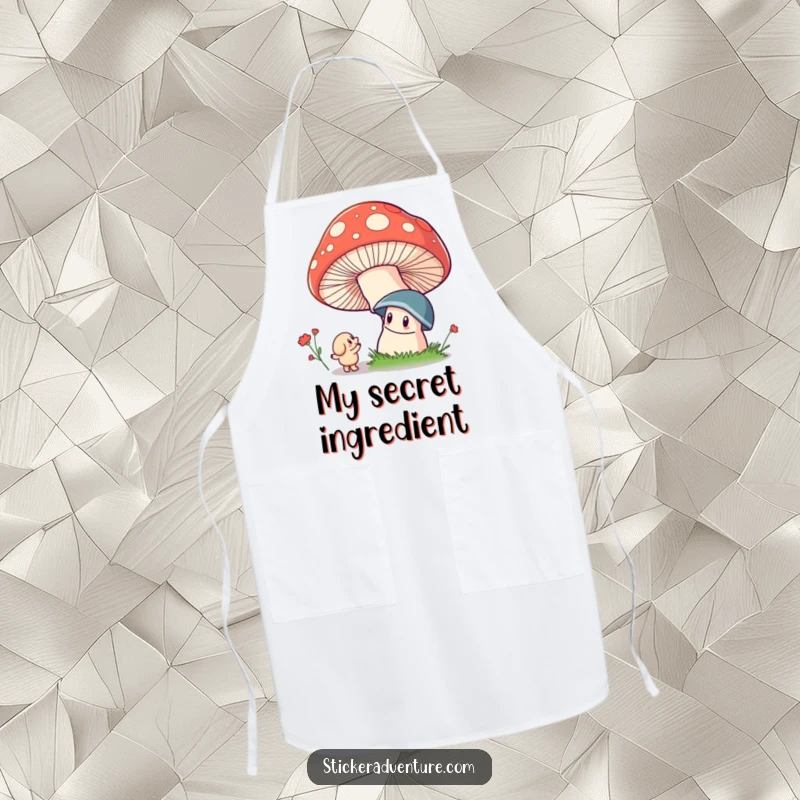 Funny apron featuring a whimsical character marveling at an enormous, brightly colored mushroom with a delighted expression.