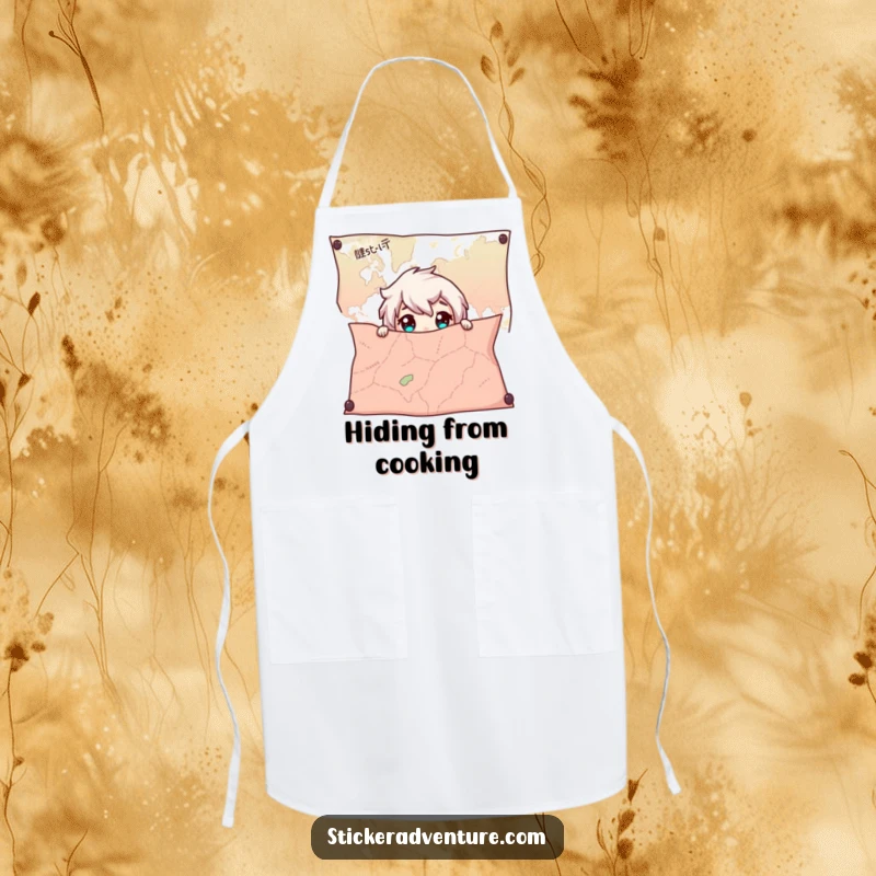 Funny Map Apron, ready for kitchen tasks, with a character hiding and peeking out with wide eyes, adding playful mystery.