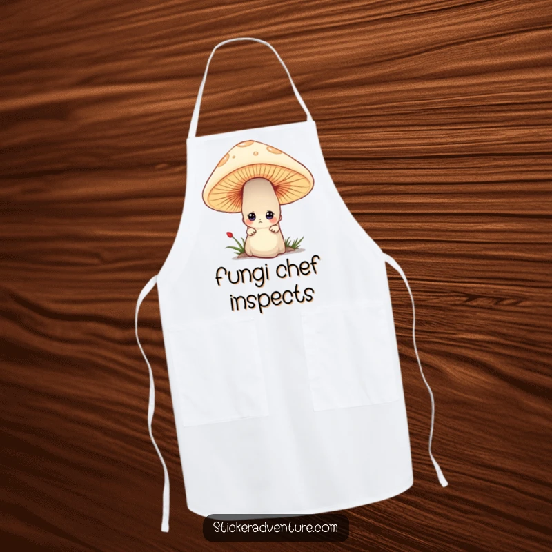 Funny apron with a tiny character curiously peeking from behind a large mushroom, perfect for adding a playful secret to cooking.