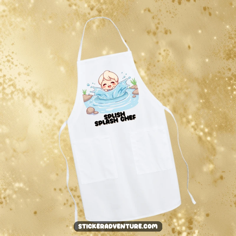 Funny Apron: Character joyfully splashing in a river, beaming with delight, adding humor to kitchen and cooking tasks.