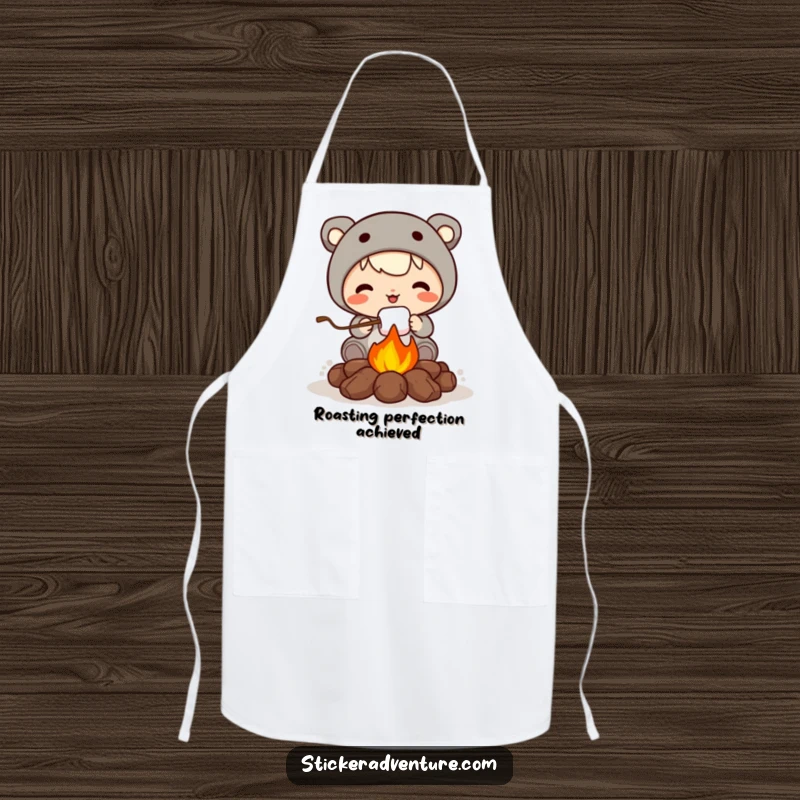 Funny apron with a cute character roasting a marshmallow over a campfire, perfect for adding humor to kitchen activities.