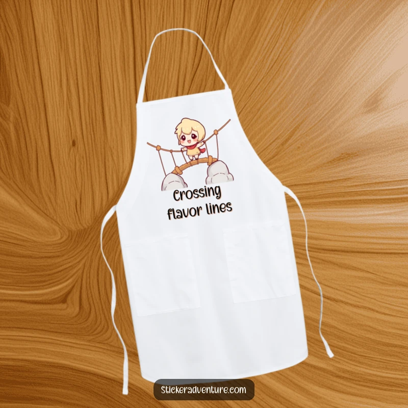 Funny apron with a character cautiously navigating a rope bridge, looking playfully challenged, for the brave chef.
