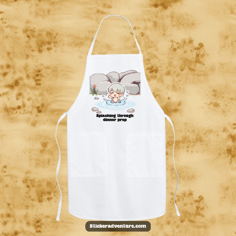 Funny splashing stream apron, a character playfully splashing in a clear stream, perfect for kitchen fun.