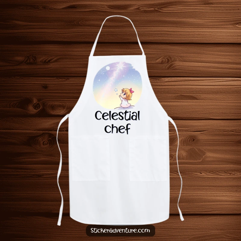 Funny apron with a joyful character looking up in awe at a vast, sparkling starlit night sky.