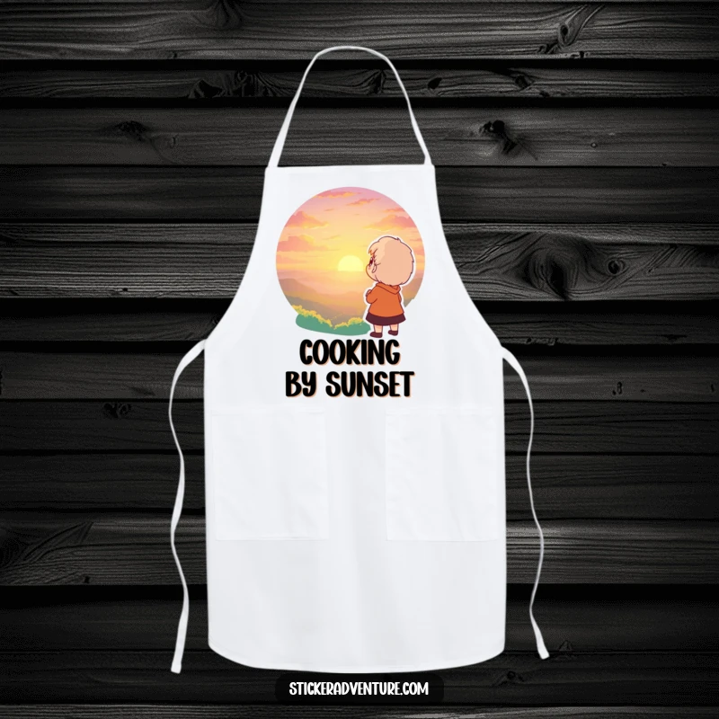 Funny apron with a character gazing at a breathtaking sunset with awe. Perfect for a whimsical kitchen.