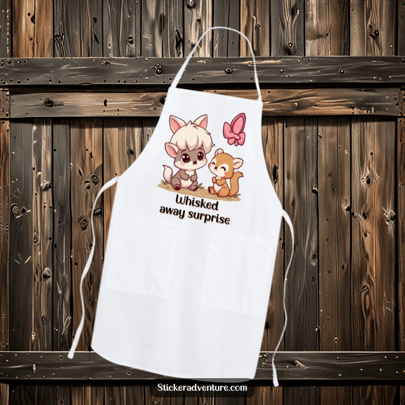 Funny apron with a playful character looking surprised by a shy woodland creature, perfect for kitchen duties.