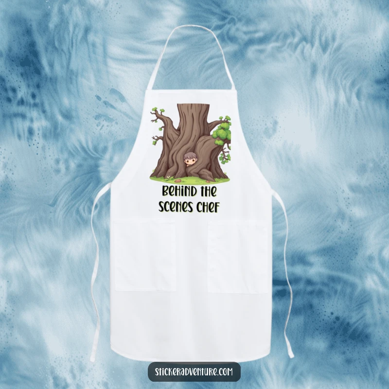 Funny apron with a character peeking from behind a large ancient tree, bringing humor to kitchen activities.