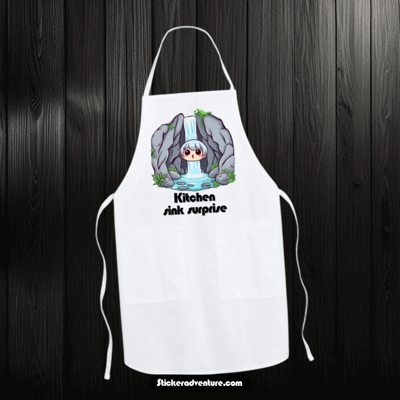 Funny Waterfall Surprise Apron: A character looking surprised and delighted by a hidden waterfall, perfect for kitchen protection.