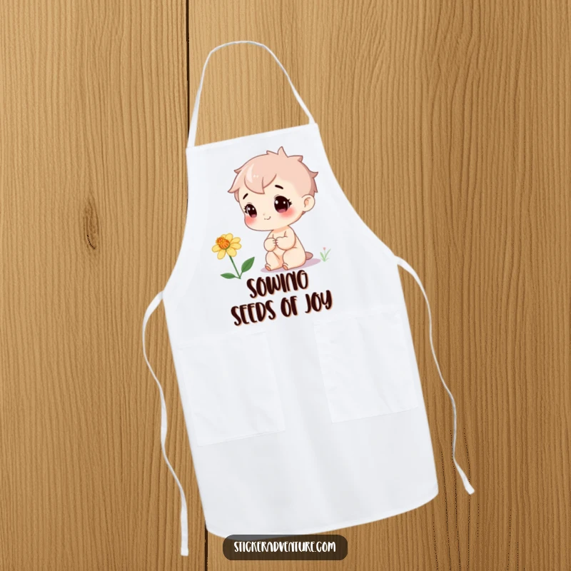 Funny Apron: A cheerful character pauses cooking to admire a beautiful, rare wildflower, blending culinary fun with nature.