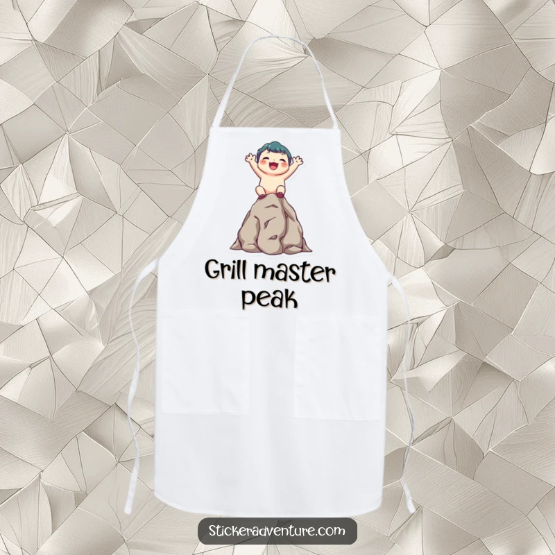 Funny kitchen apron with a cute character joyfully scaling a small rocky outcrop, a symbol of perseverance and fun.