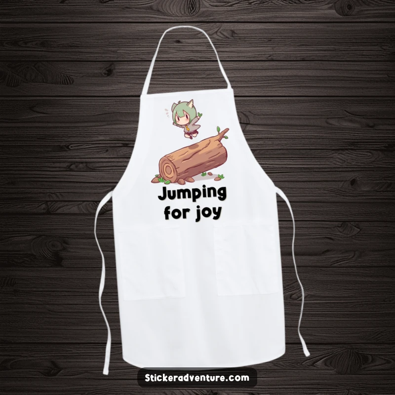 Funny apron with a character energetically leaping over a fallen log with grace. Perfect for an active kitchen.