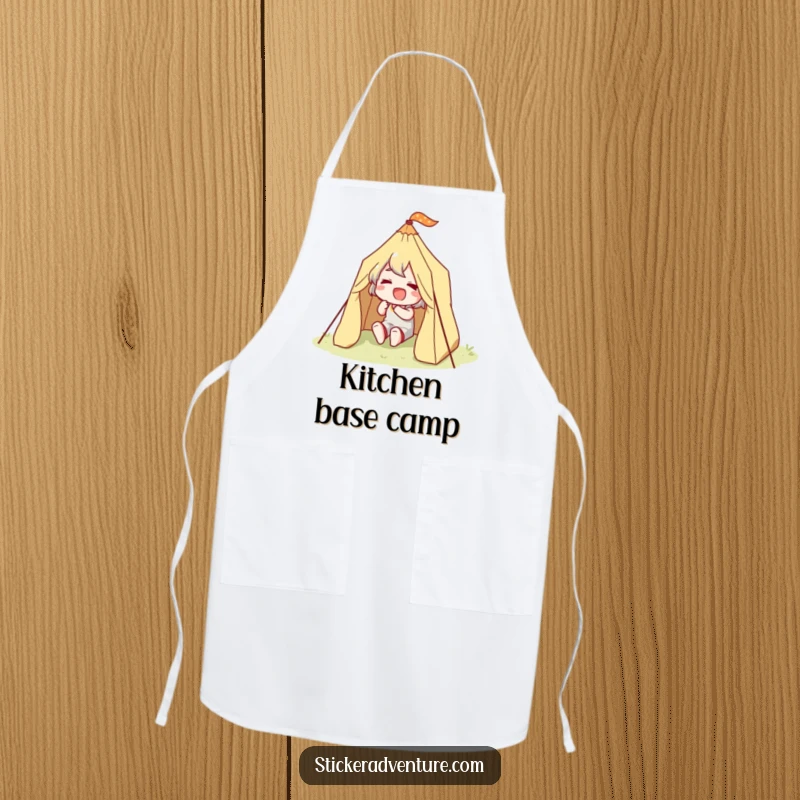 Funny Happy Camper Apron: A character joyfully setting up a tiny tent, perfect for kitchen protection.
