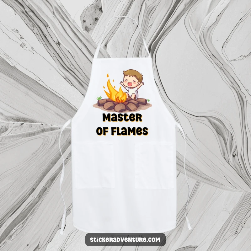 Funny apron with an enthusiastic subject energetically setting a campfire ablaze, adding fun to cooking tasks.