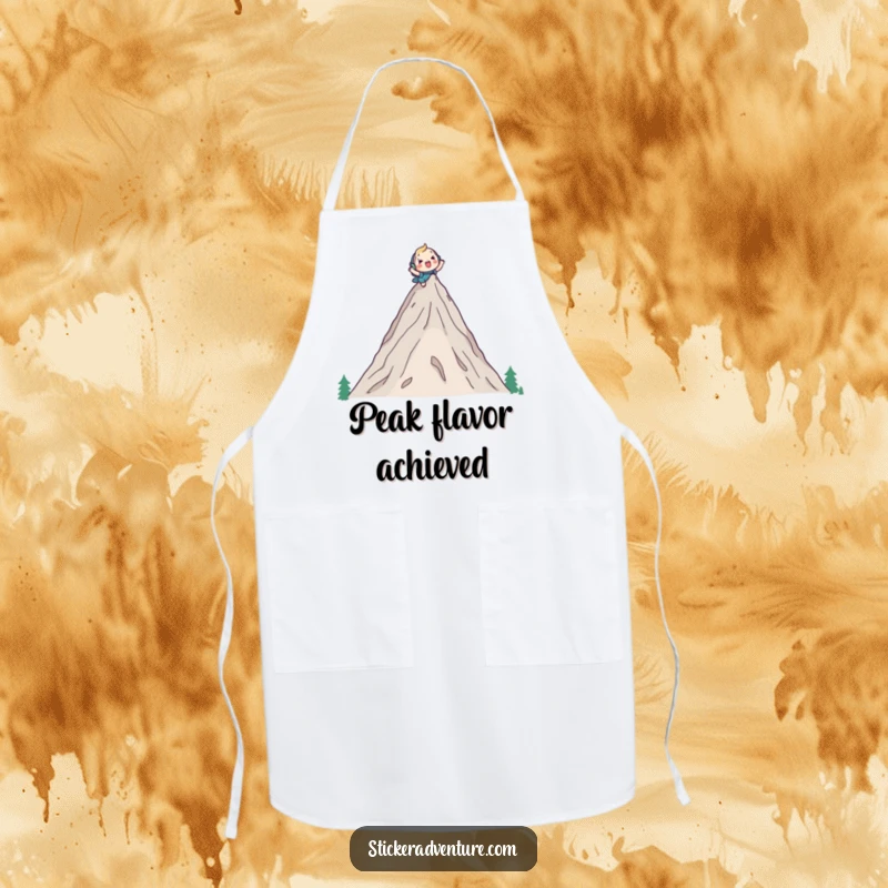 Funny apron featuring a cute character cheerfully climbing a tall mountain peak with a backpack, perfect for kitchen duty with an adventurous twist.