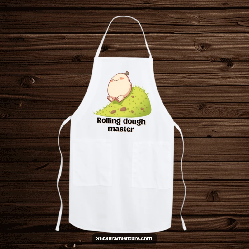 Funny rolling character apron, featuring a plump character playfully tumbling down a grassy hill, for kitchen fun.