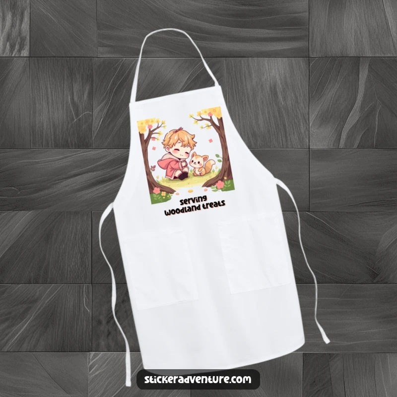 Funny apron with a character playfully interacting with a curious woodland creature. Perfect for a whimsical kitchen.