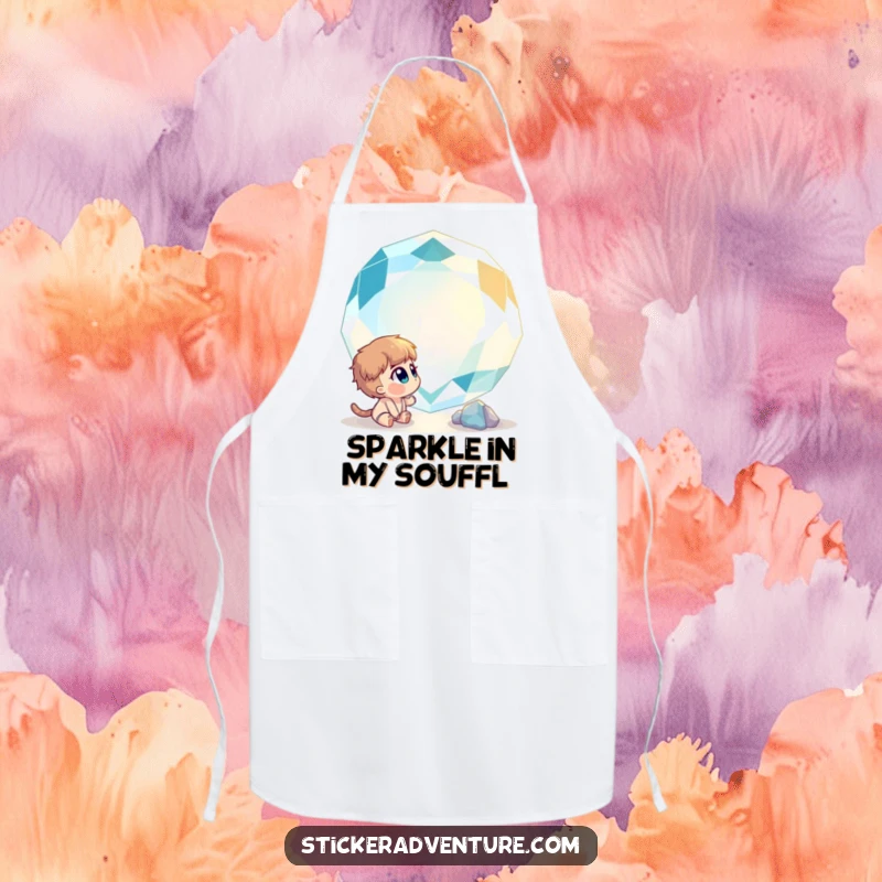 Funny apron shows a curious character gazing in wonder at a giant, sparkling gemstone, perfect for the magically inclined cook.