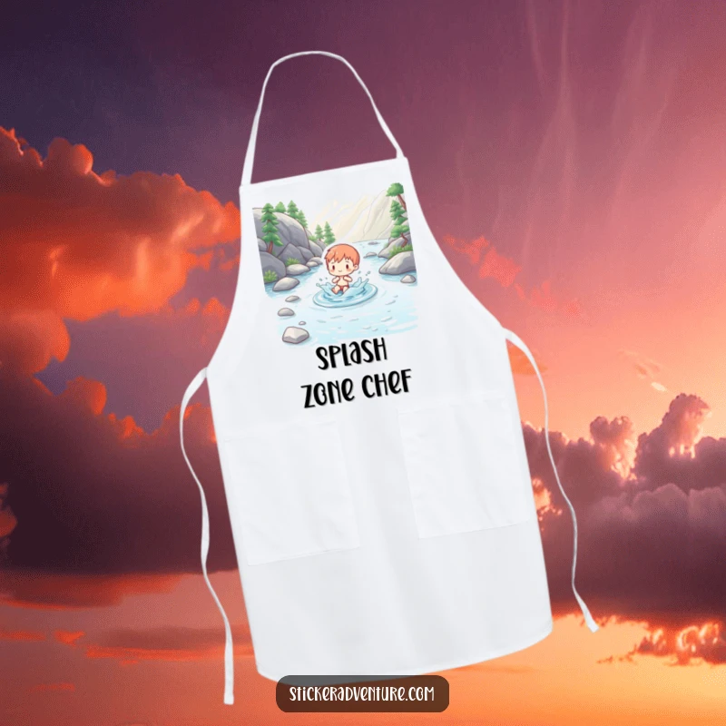 Funny apron showing a charming figure playfully splashing in a clear mountain stream, a humorous kitchen accessory for nature lovers.