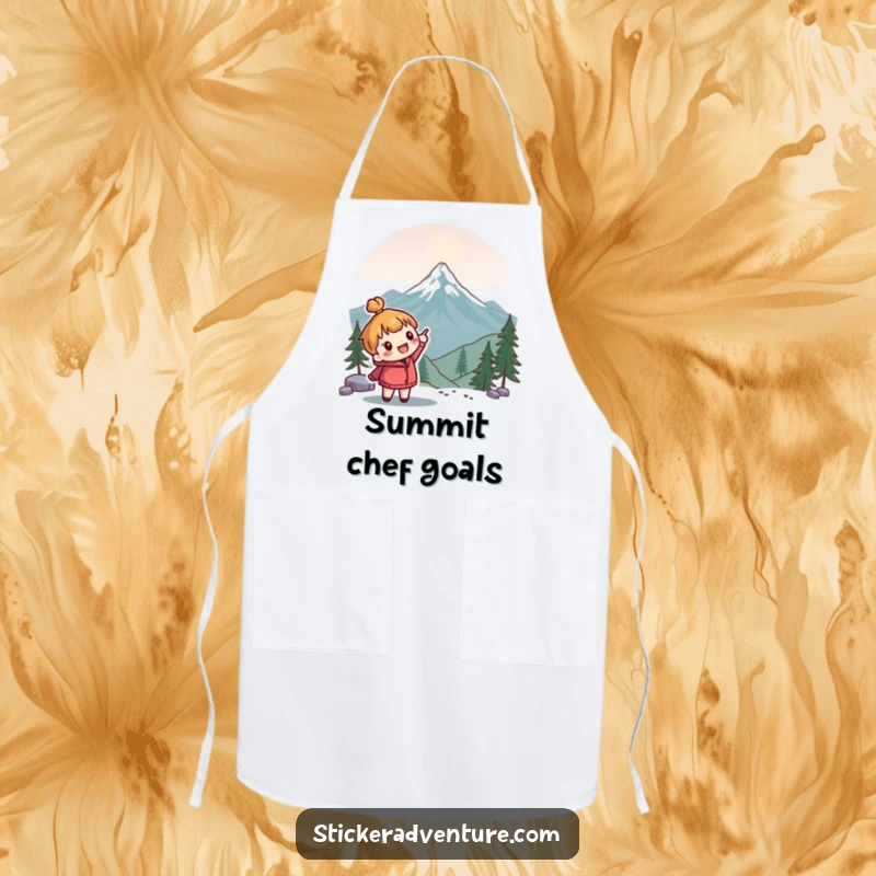 Funny explorer apron featuring a cute character enthusiastically pointing towards a mountain peak; humorous kitchen accessory.