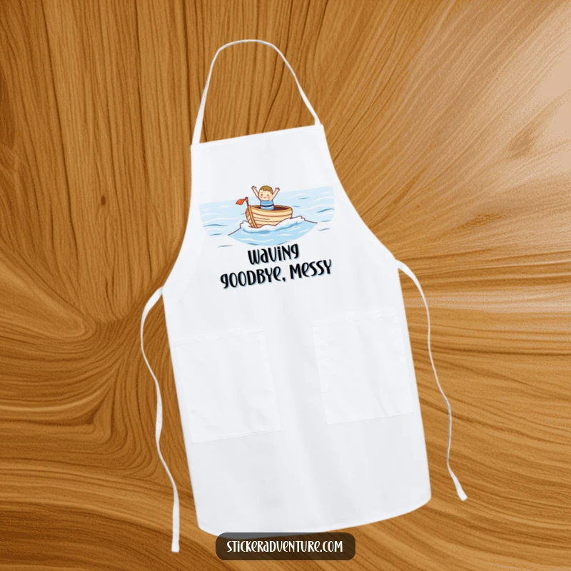 Funny apron featuring a small, happy character waving from a small boat on a vast ocean, perfect for kitchen duty with a nautical twist.