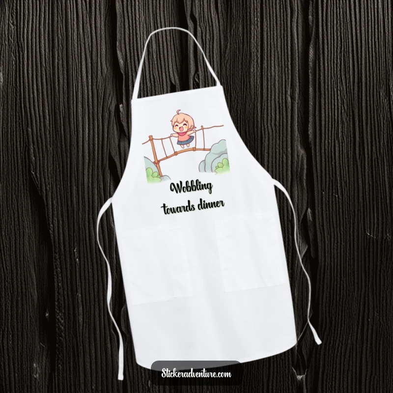 Funny apron with a character gleefully crossing a wobbly rope bridge, bringing humor to culinary tasks.