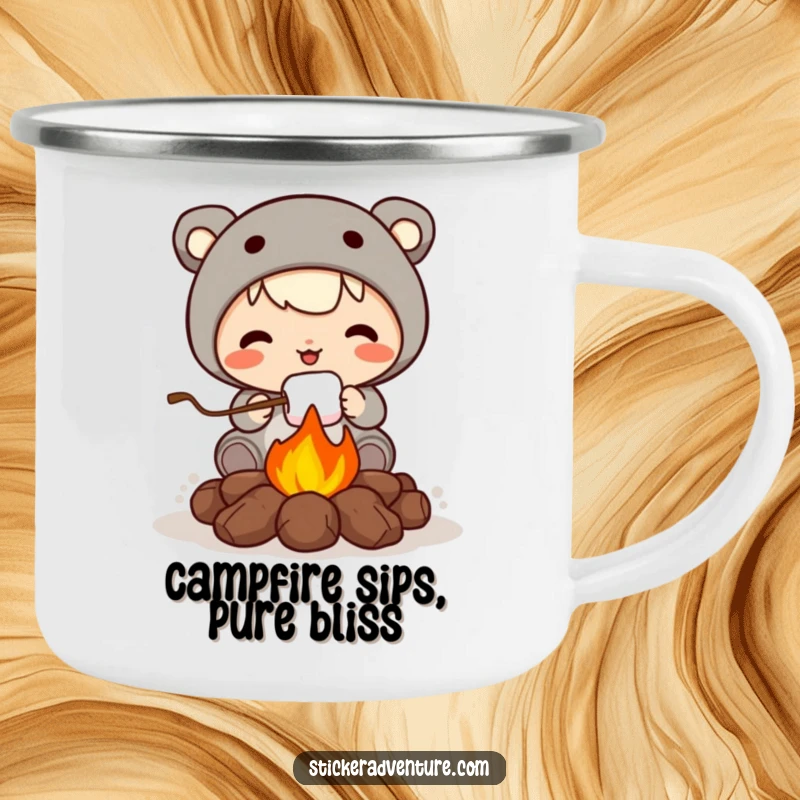 Funny camping mug with a cute character roasting a marshmallow over a campfire, perfect for enjoying drinks around the fire.
