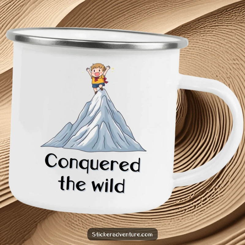 Funny character on a mountain peak, triumphant pose, outdoor scene, durable funny gift.