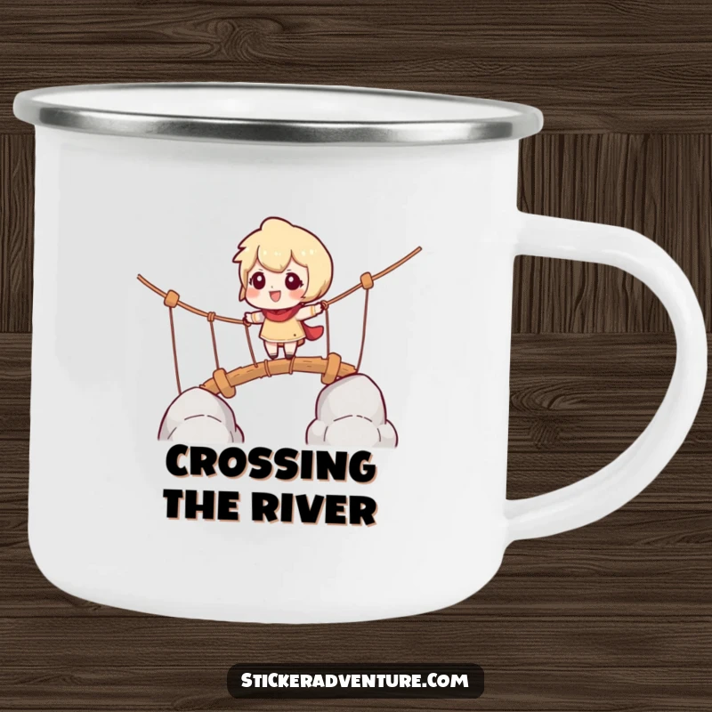 Funny camping mug of a character cautiously navigating a rope bridge with playful challenge, for outdoor enthusiasts.