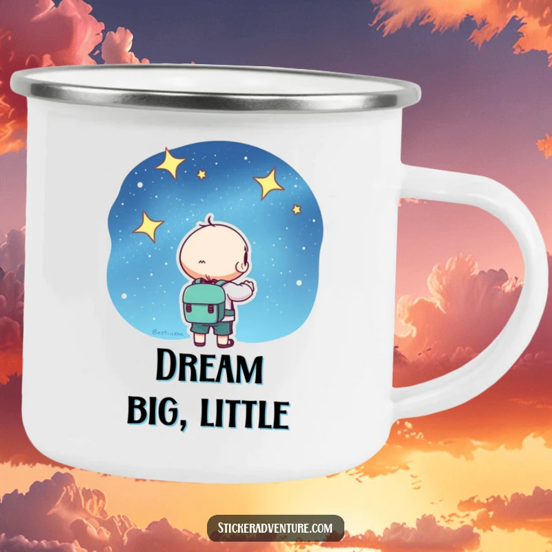 Kawaii camping mug with a cute character and backpack, looking at a starry sky, perfect for outdoor adventures and warm drinks.