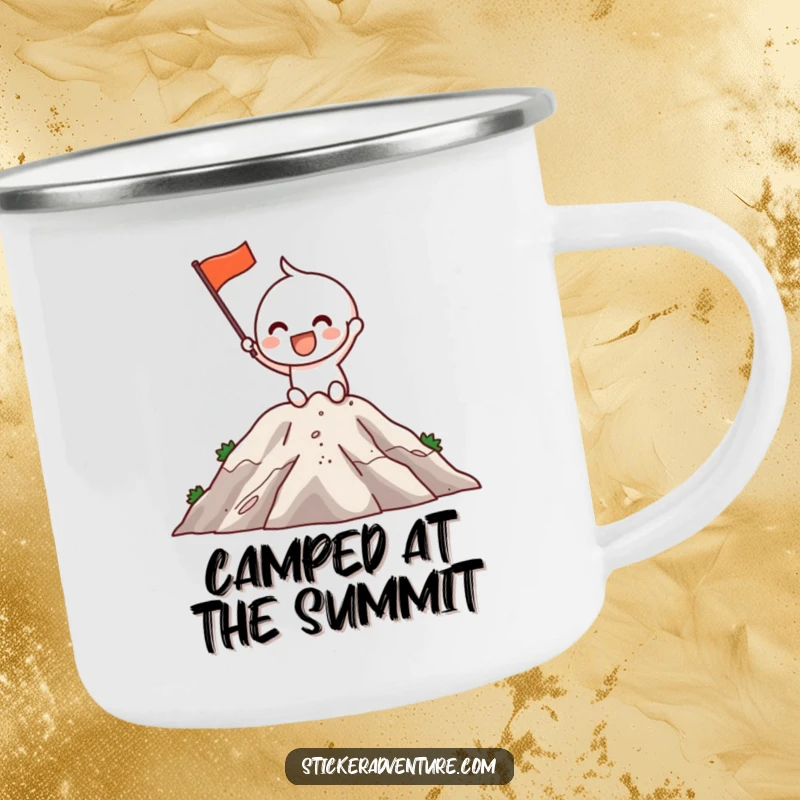 Funny Camping Mug: An excited character grins while planting a flag on a mountaintop, ready for the summit.