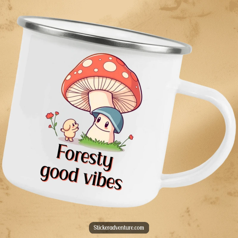 Funny camping mug showing a whimsical character looking up in awe at a giant, colorful mushroom in a forest setting.