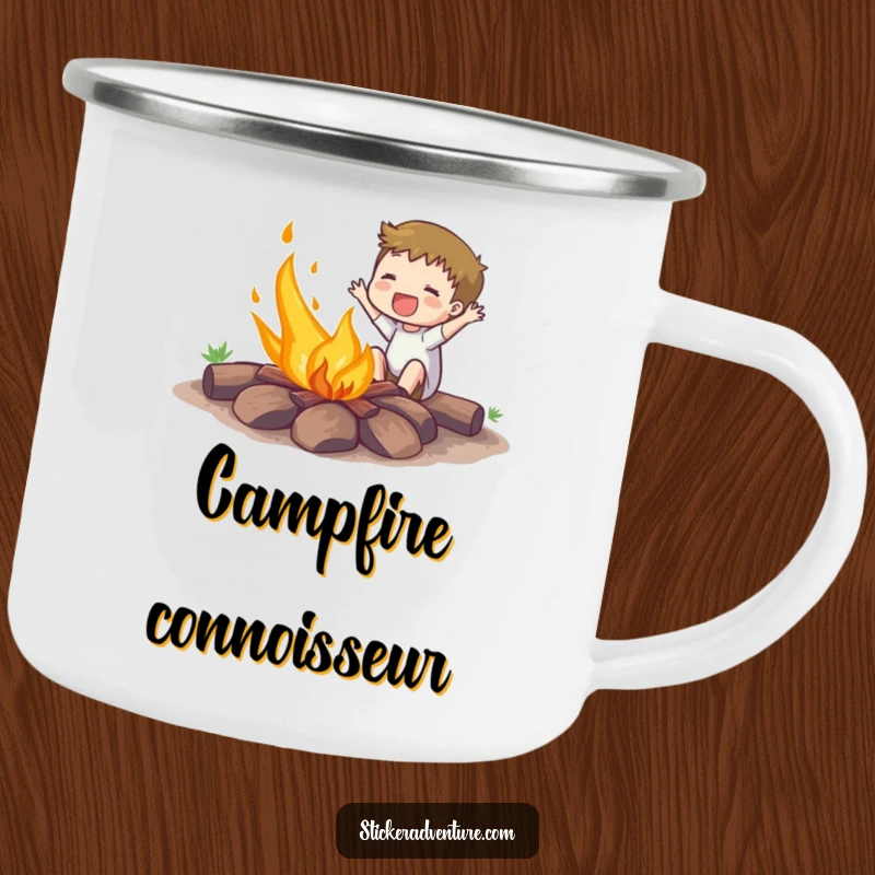 Funny camping mug showing an enthusiastic subject joyfully setting a small campfire ablaze, ready for the wilderness.