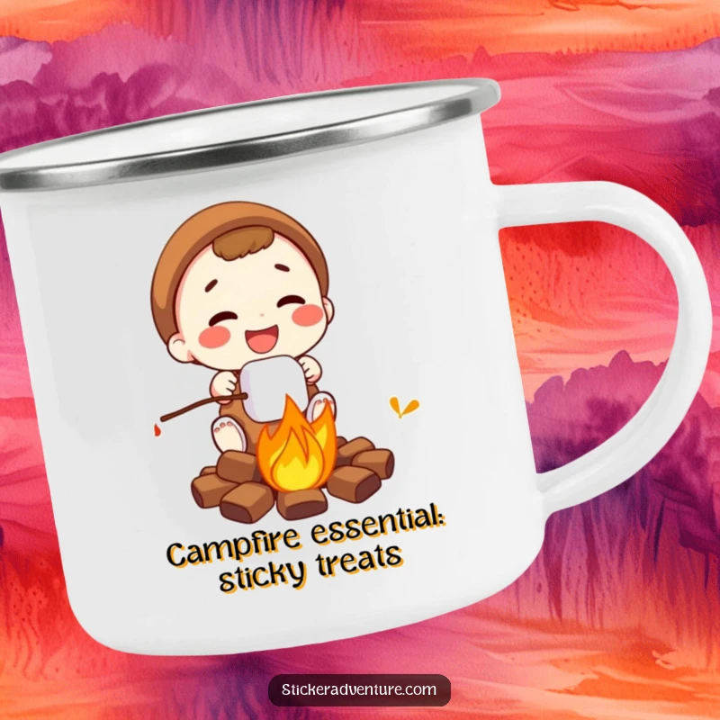 Funny campfire marshmallow camping mug, a character roasting a marshmallow, sturdy and humorous for outdoor use.