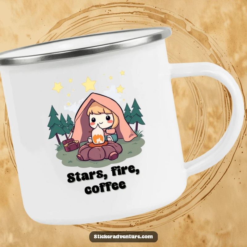 Funny Camping Mug: Character smiling while roasting a marshmallow under a starry sky, perfect for outdoor enjoyment and humor.