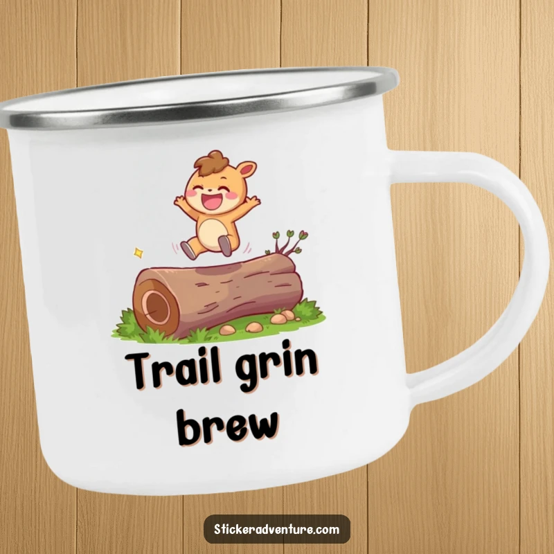 Funny character camping mug showing a character leaping over a log, durable and perfect for outdoor fun with a joyful twist.