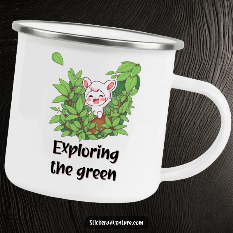 Funny camping mug with a character excitedly navigating dense foliage with a smile, perfect for outdoor exploration.