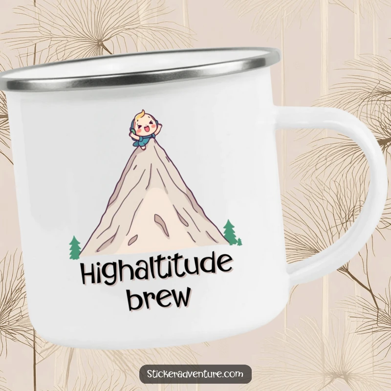Funny camping mug with a cute character cheerfully climbing a tall mountain peak with a backpack, ideal for outdoor adventures and evoking triumphant humor.
